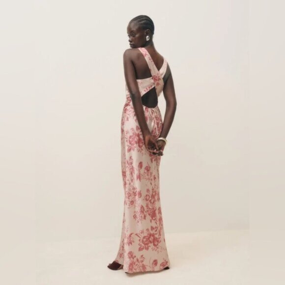 NEW Reformation Anaiis Long Silk Dress Cameo Rose Pink Cream Floral | size US 6 - Picture 2 of 12